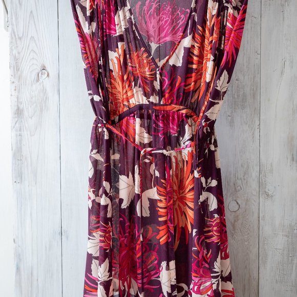 H&M Floral Tie Waist Purple and Pink Sheer Tunic/Coverup - Picture 3 of 5